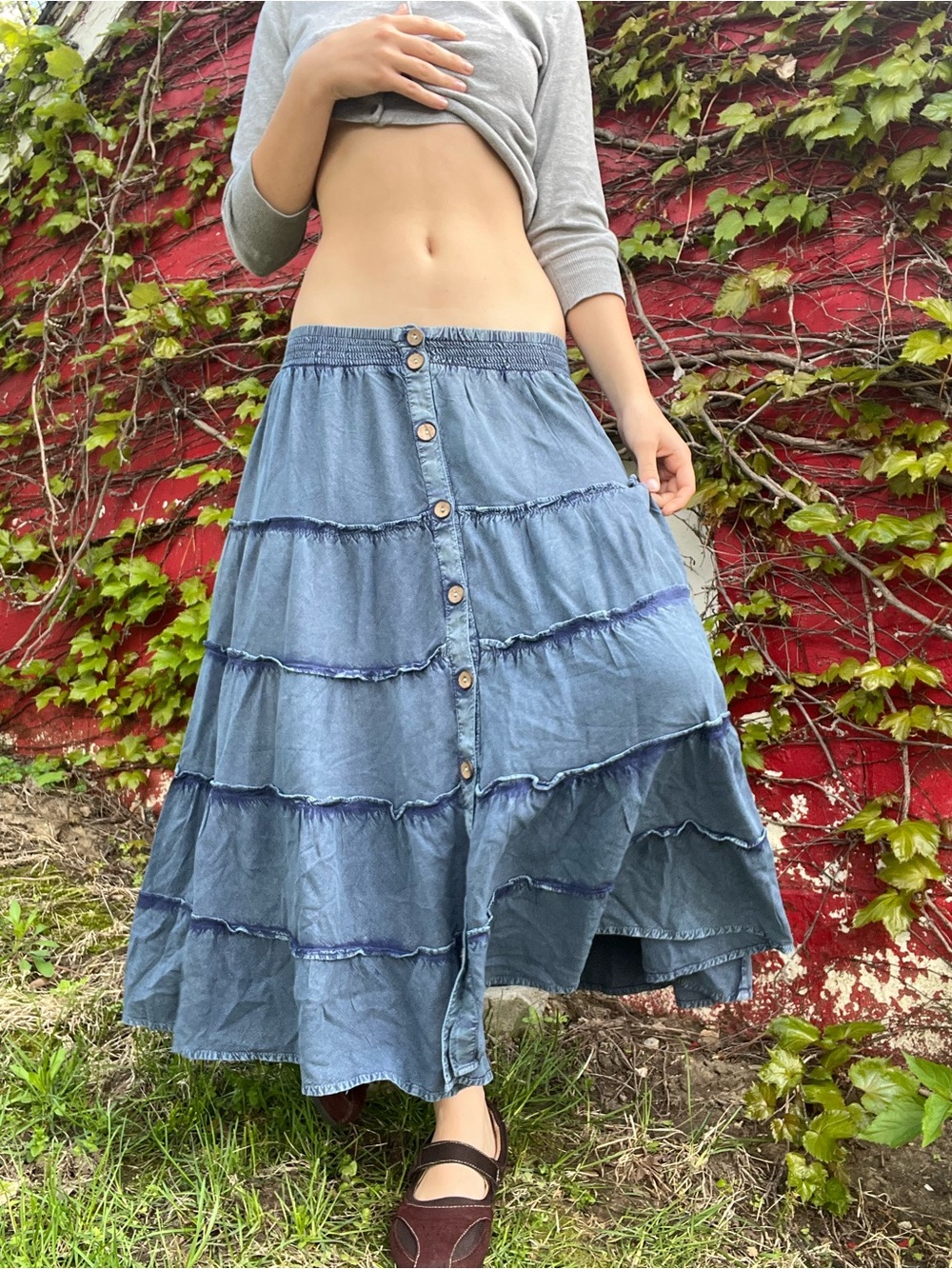 Mlle Gabrielle Blue Tiered Button-Front Midi Skirt - Picture 3 of 13